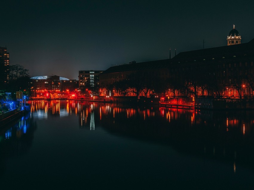 night city, city lights, river, shore, berlin, germany