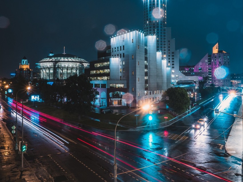 night city, city lights, street, night, moscow, russia, glare