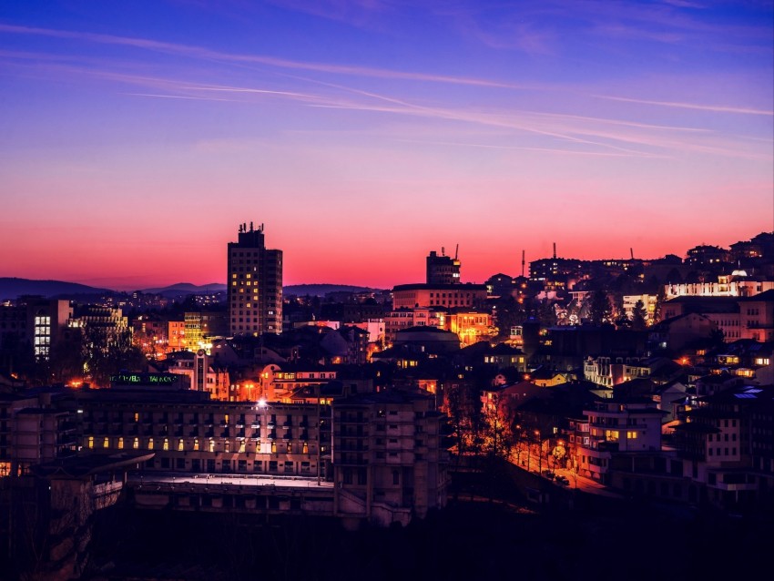 night city, city lights, sunset, buildings, sky, architecture