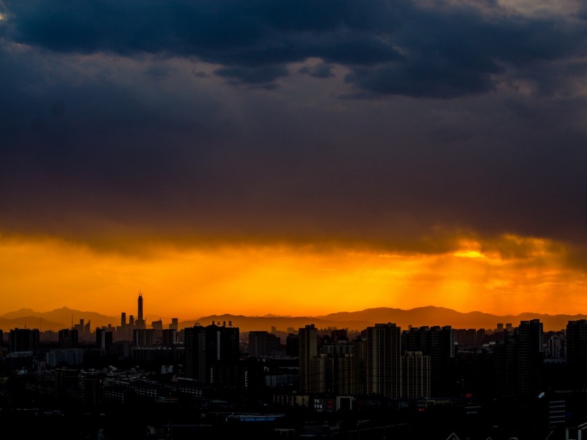 night city, clouds, sunset, dark