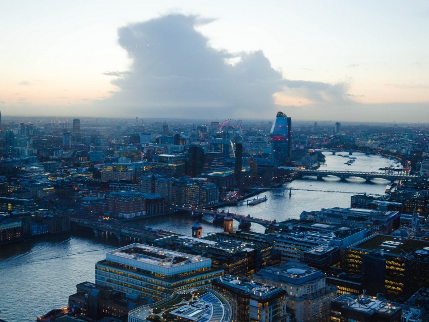 night city, dawn, aerial view, city lights