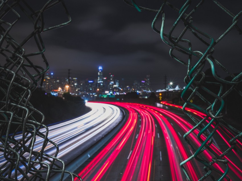 night city, fence, mesh, road, city lights, wire, movement