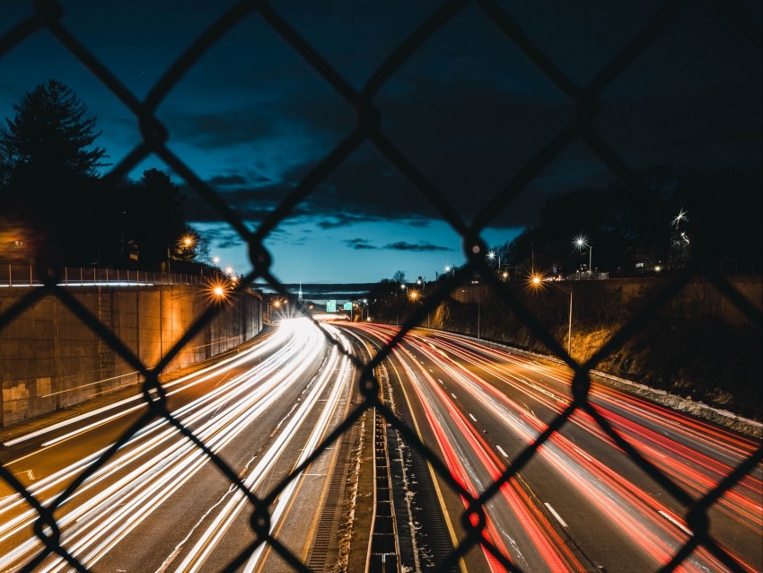 night city, fence, mesh, road, long exposure