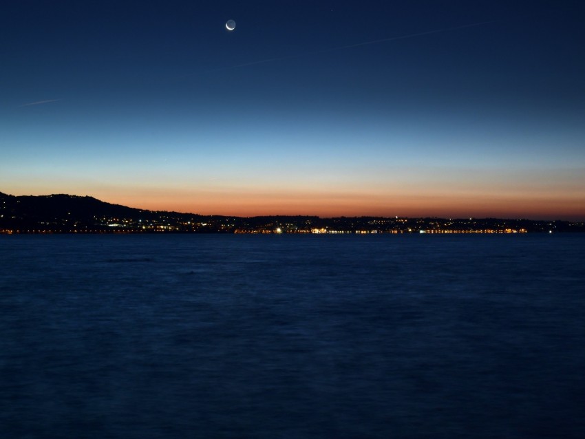 night city, horizon, sunset, night, sea, coast