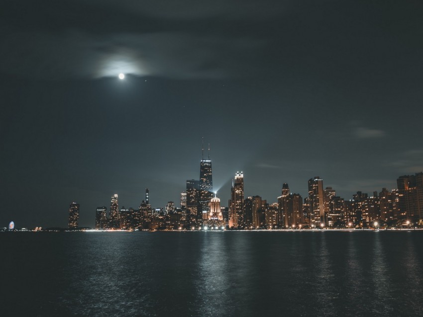 night city, lake, panorama, buildings, architecture