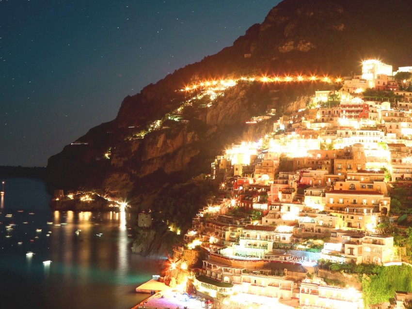 night city, lights, coast, beach, buildings