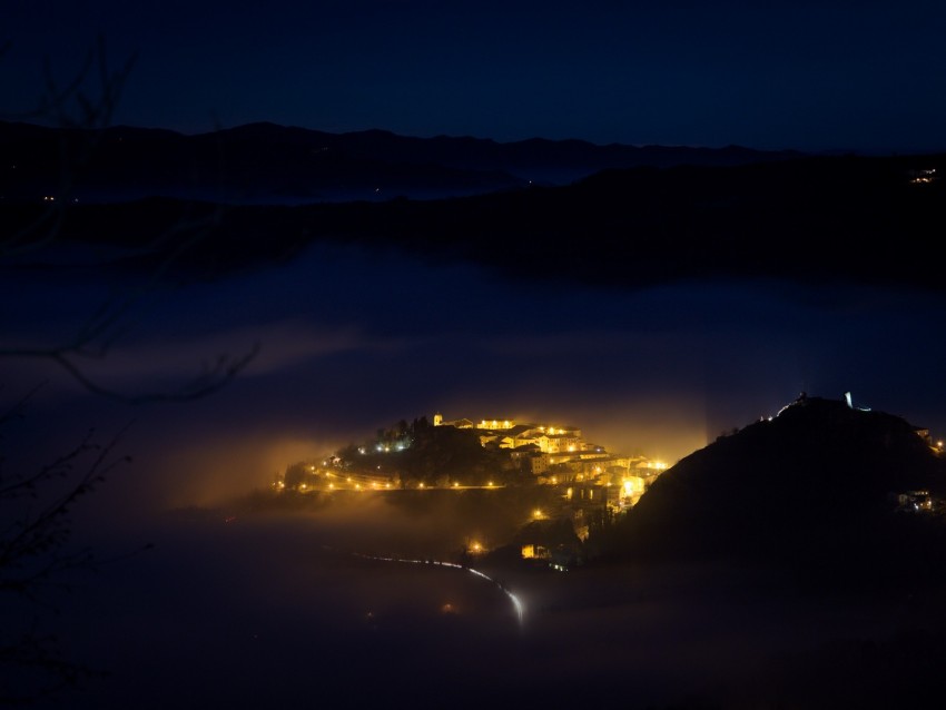 Night City Lights Mountains Fog Italy Aerial View Background