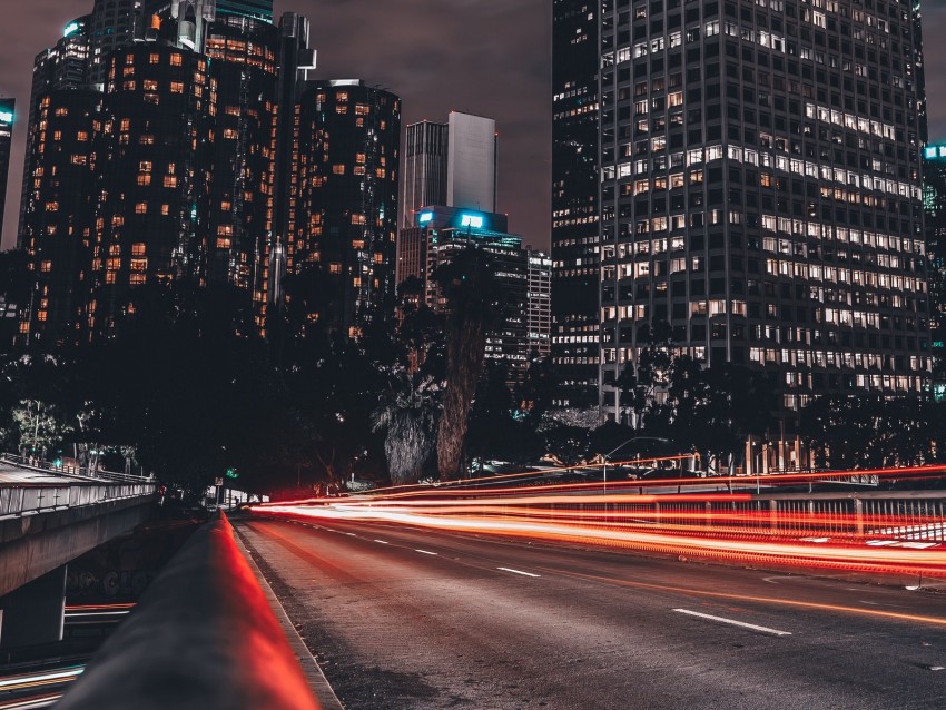 Night City Long Exposure Buildings Light Road Background