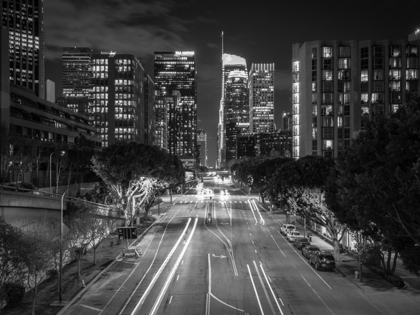 Night City Long Exposure Bw City Lights Road Buildings Los Angeles California Background