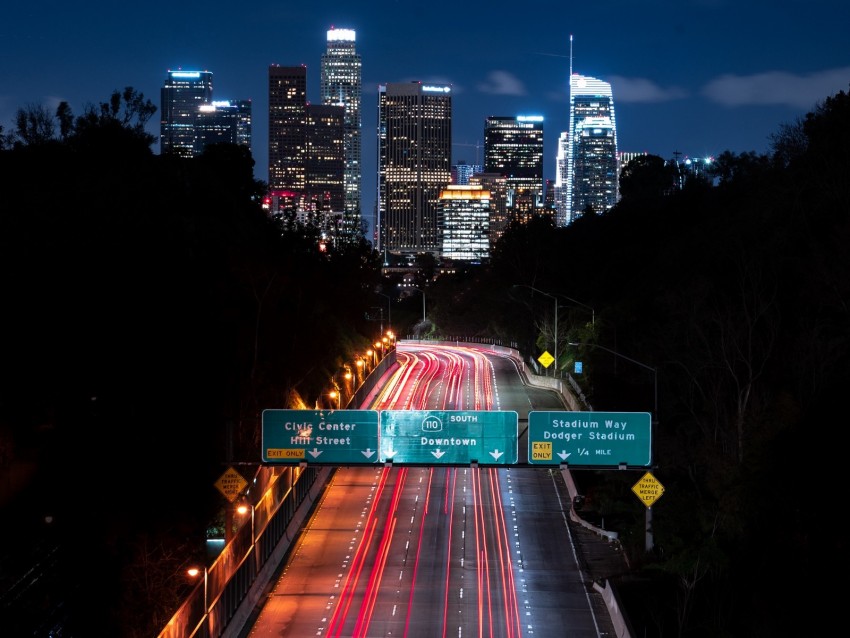 night city, long exposure, city lights, road, buildings, los angeles, california