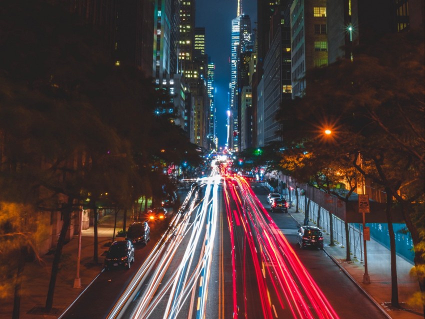 night city, long exposure, city lights, road, new york, usa