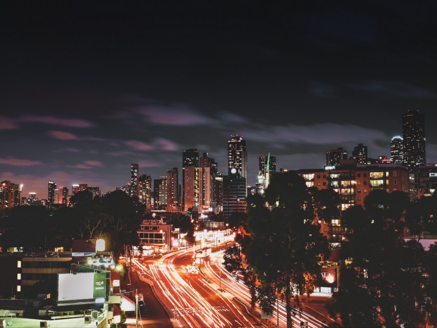 Night City Long Exposure City Lights Road Night Background