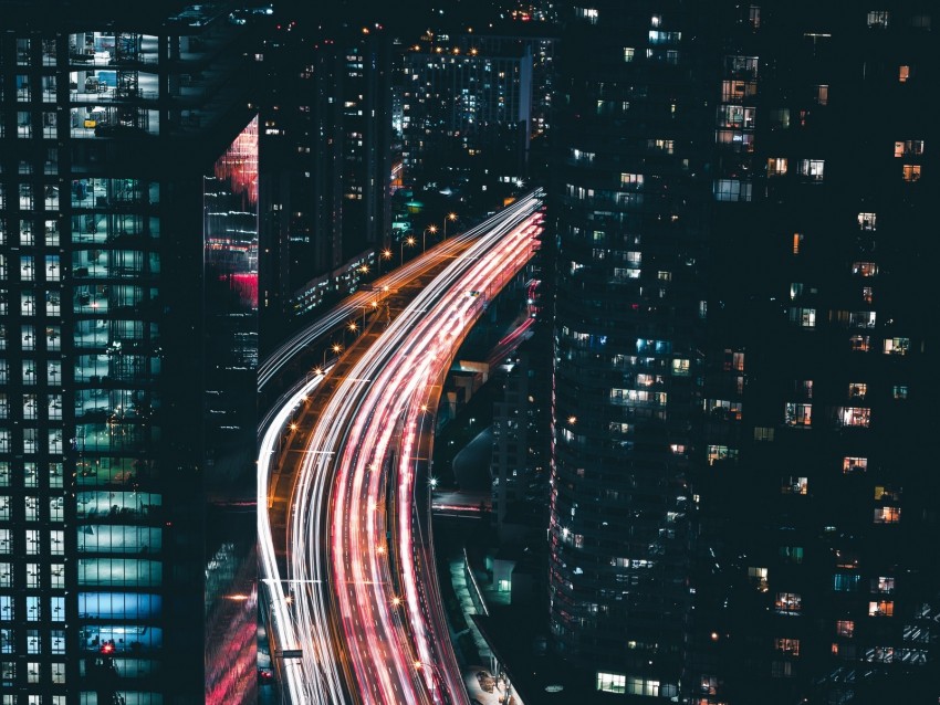 night city, long exposure, night, city lights, road