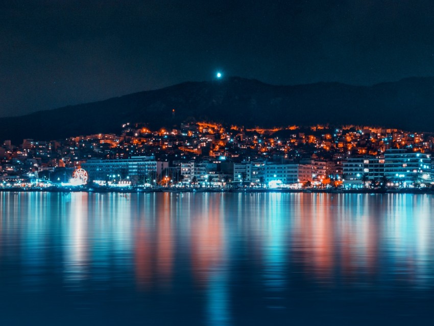 Night City Panorama Coast Night Reflection Background