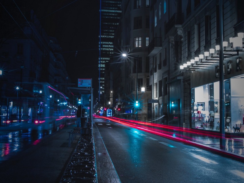 Night City Road Buildings Lighting Background