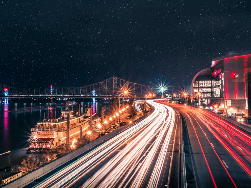 night city, road, city lights, long exposure