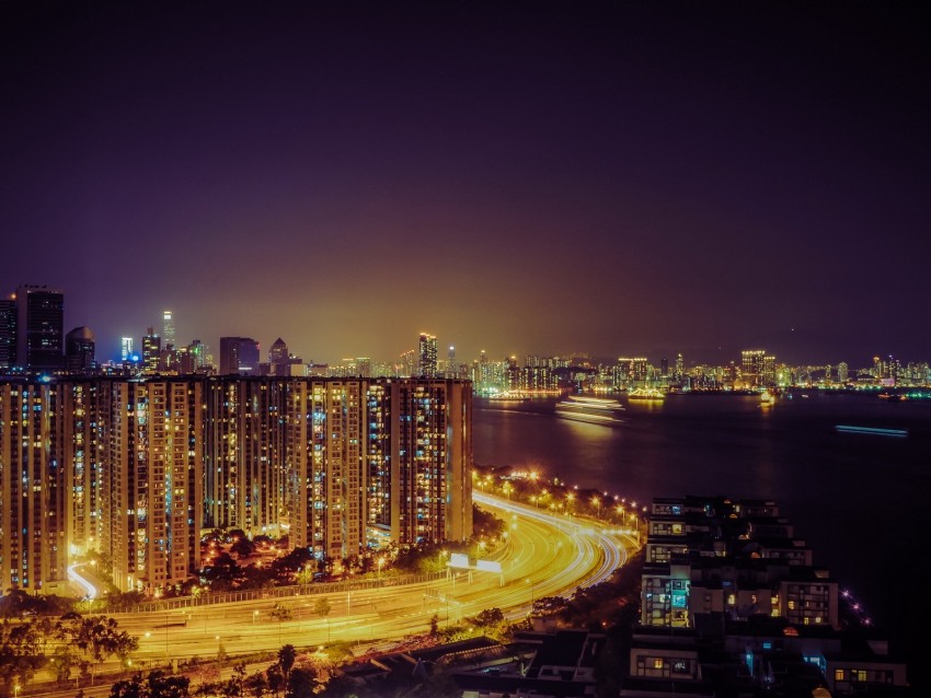 Night City Road Lighting City Lights Hong Kong Background