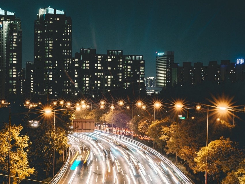 night city, road, lights, city lights