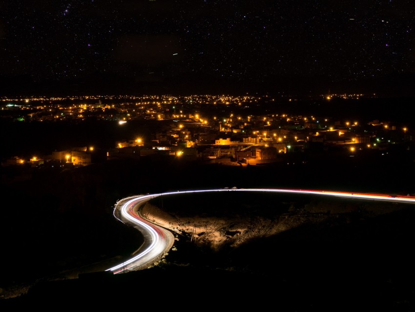 night city, road, long exposure, city lights, starry sky