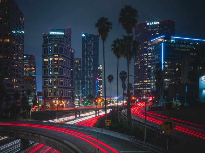 Night City Roads City Lights Traffic Palm Trees Background