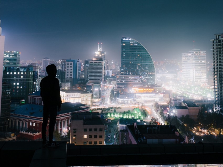 Night City Roof Loneliness Silhouette Review Background