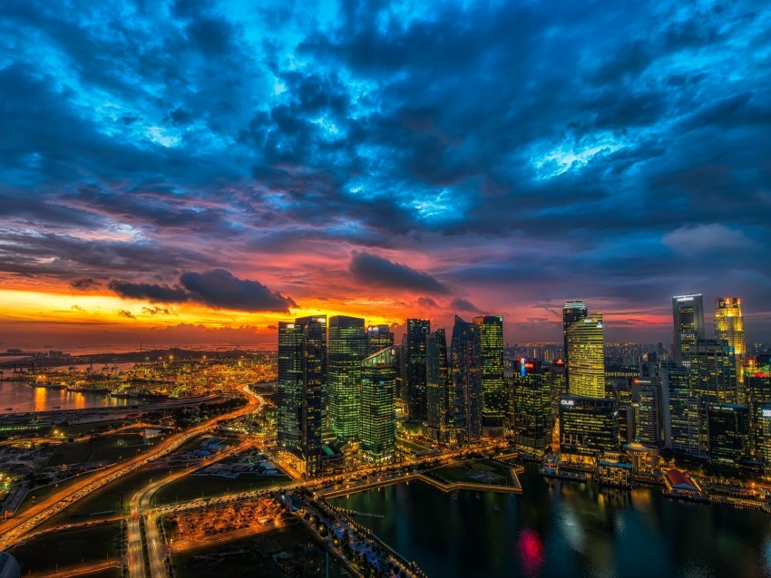 night city, skyscrapers, metropolis, sunset, clouds