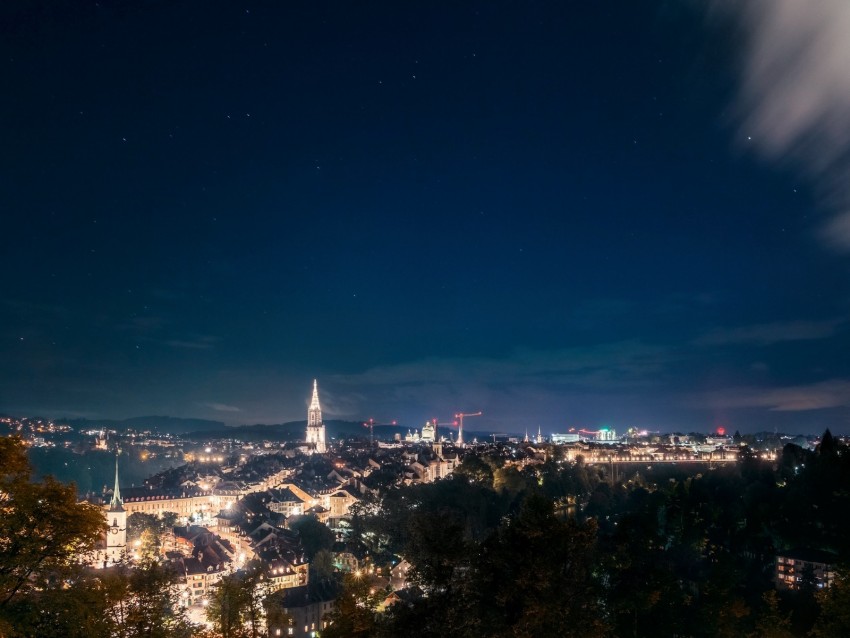 night city, starry sky, night, city lights, aerial view