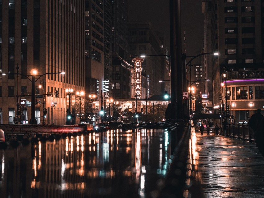 Night City Street City Lights Architecture Chicago Usa Background