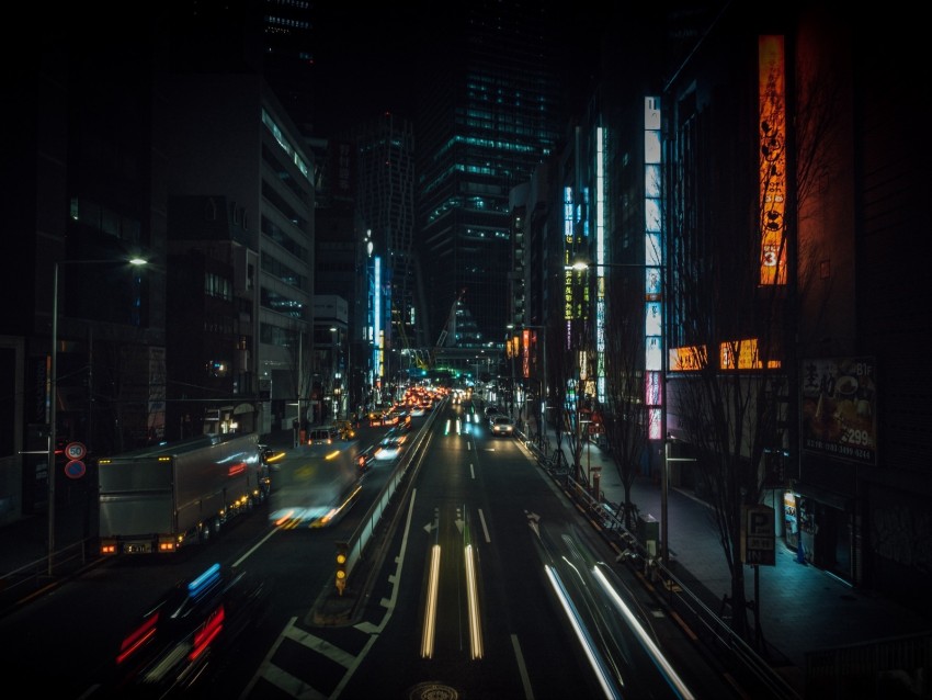 Night City Street City Lights Traffic Buildings Tokyo Japan Background