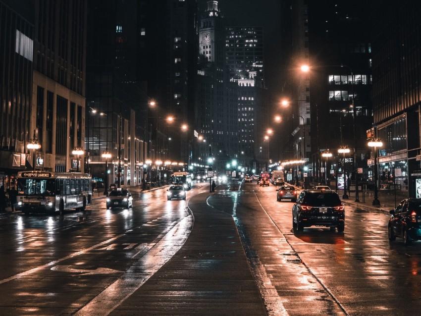 night city, street, city lights, traffic, chicago, usa