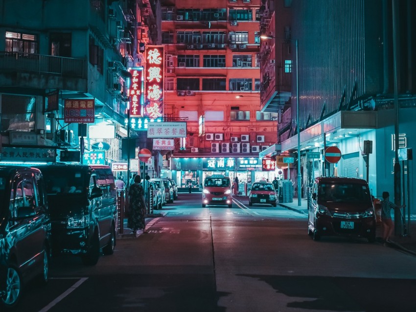 Night City Street Lights Buildings Cars People Background