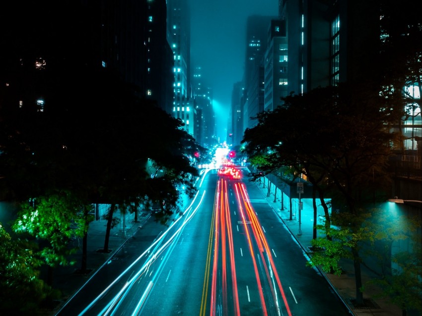 Night City Street Road Lights Fog Background