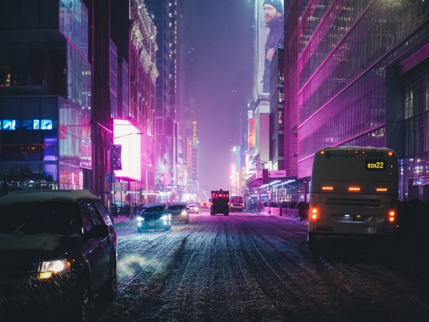 Night City Street Skyscrapers City Lights Traffic New York Usa Background