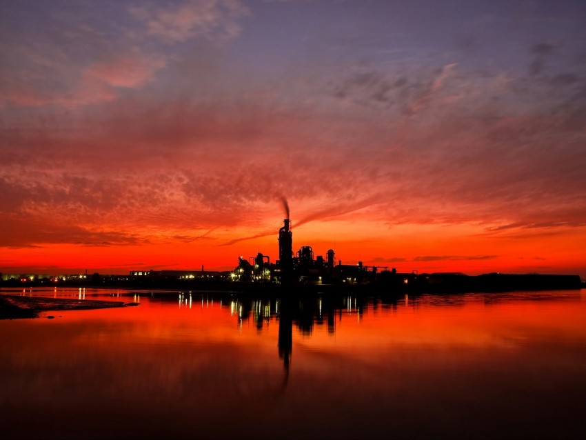 night city, sunset, sky, factory, horizon