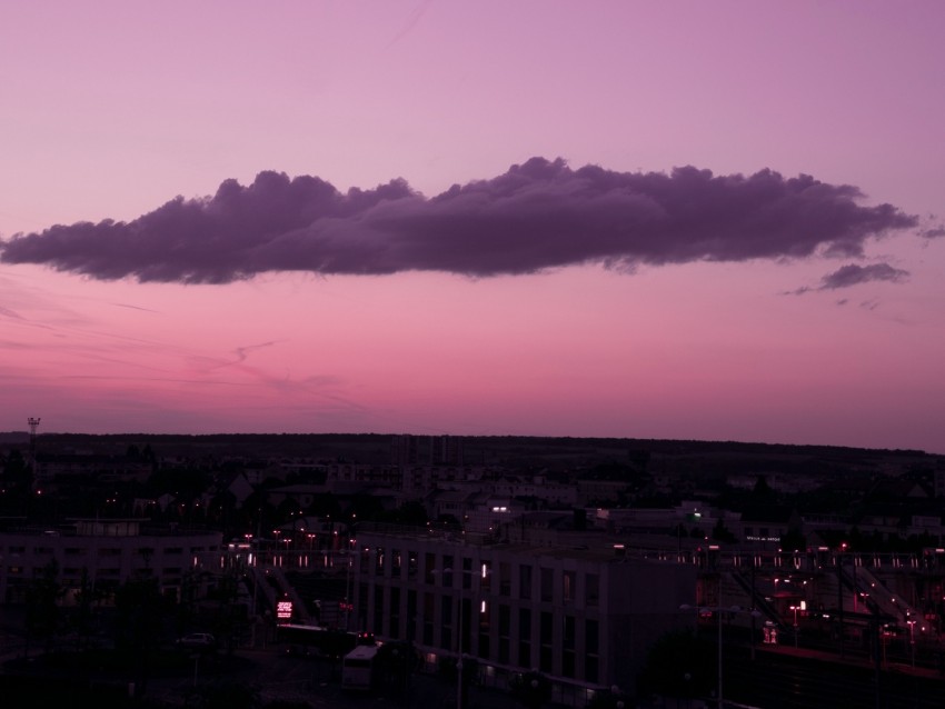 sunset sky, purple clouds, evening skyline, urban landscape, atmospheric colors