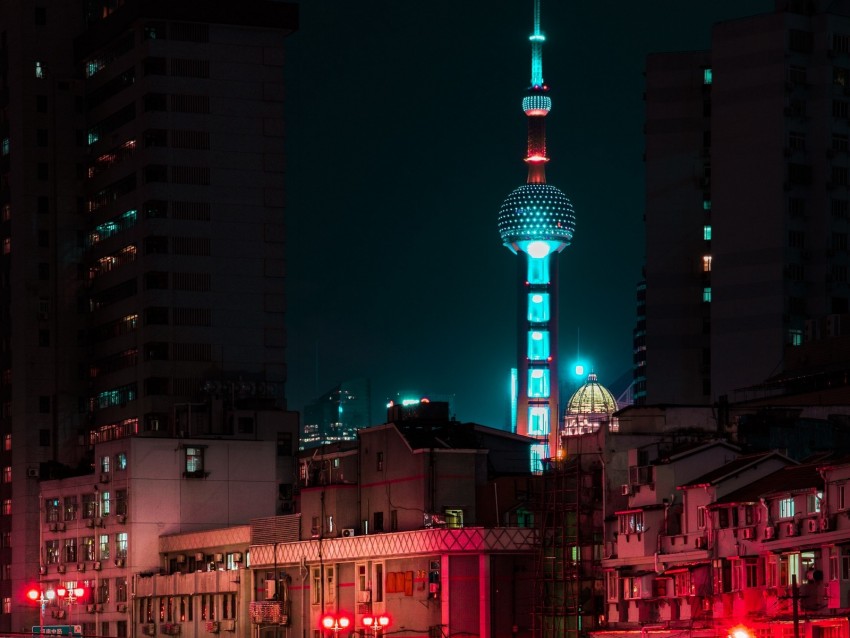 night city, tower, architecture, city lights