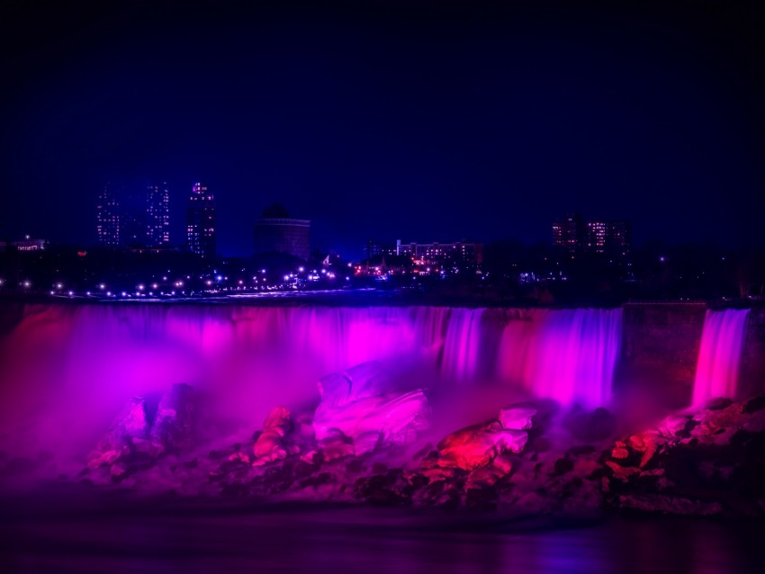 night city, waterfall, lights, stones, architecture, buildings