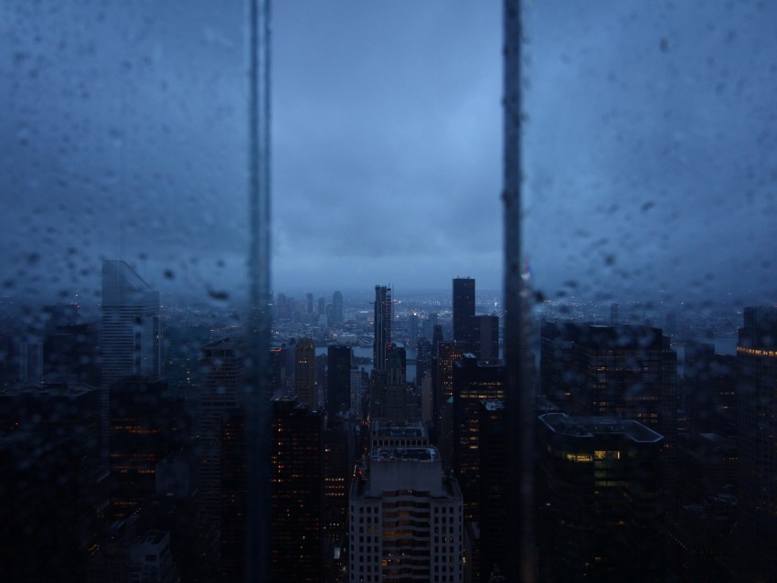 night city, window, rain, skyscrapers, aerial view