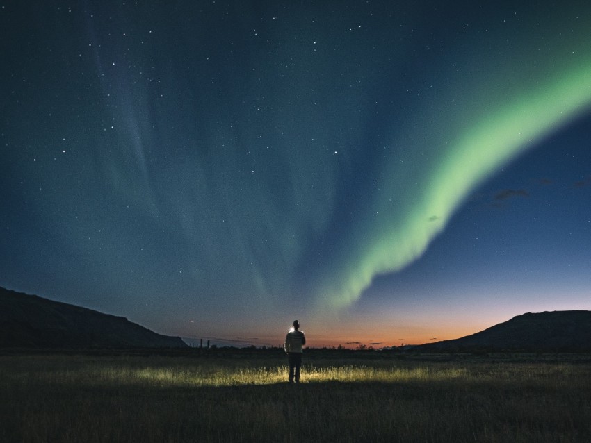 night, silhouette, starry sky, northern lights, light