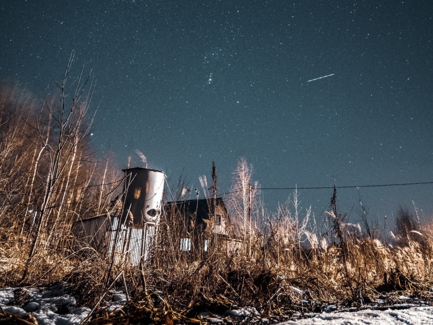 Night Starry Sky Bushes Buildings Abandoned Countryside Background