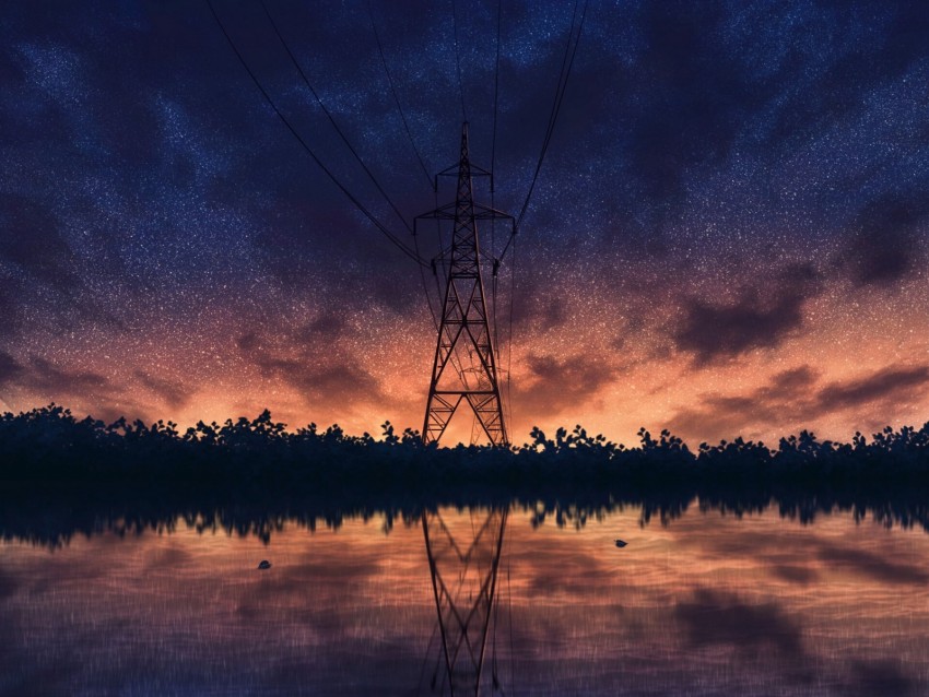 night, starry sky, pillar, wires, art