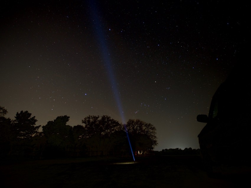 night, starry sky, ray, darkness, flashlight, light