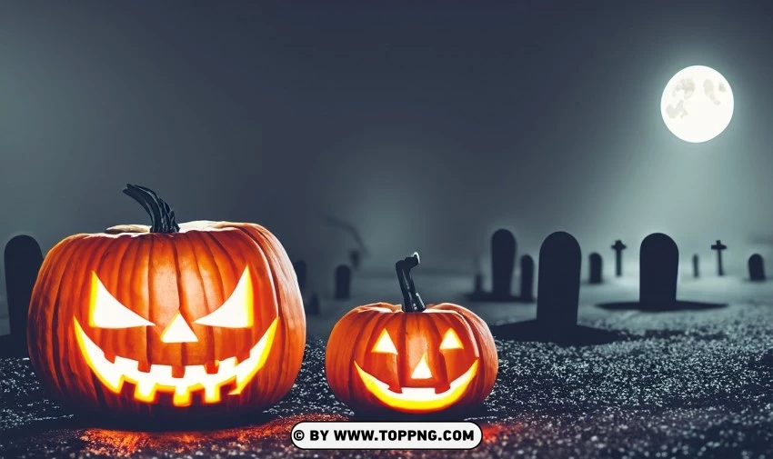 Nighttime Halloween Pumpkins In Spooky Cemetery Hd Wallpaper PNG Transparent Background