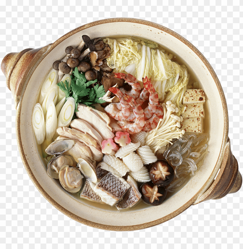 Colorful seafood hot pot with shrimp, fish, vegetables, and mushrooms