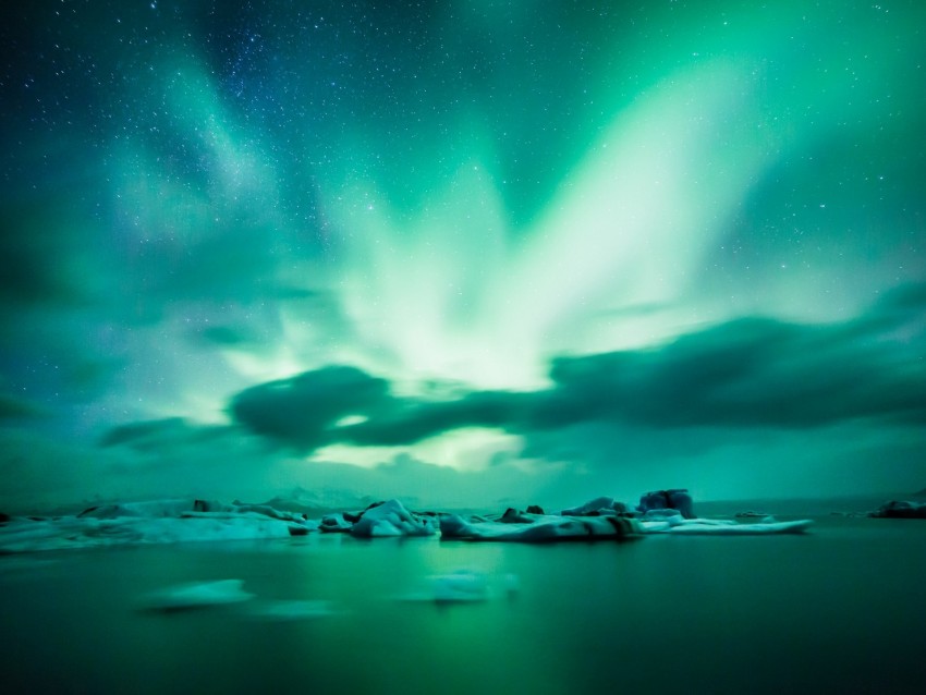 Northern Lights Aurora Lake Ice Horizon Iceland Background