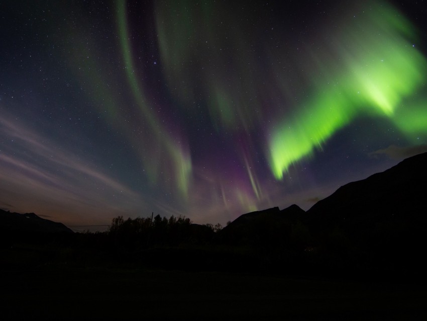 northern lights, aurora, mountain, night, starry sky, stars