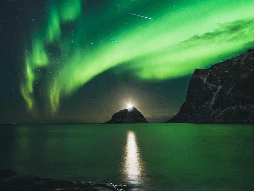 northern lights, aurora, mountains, lake, night, lights