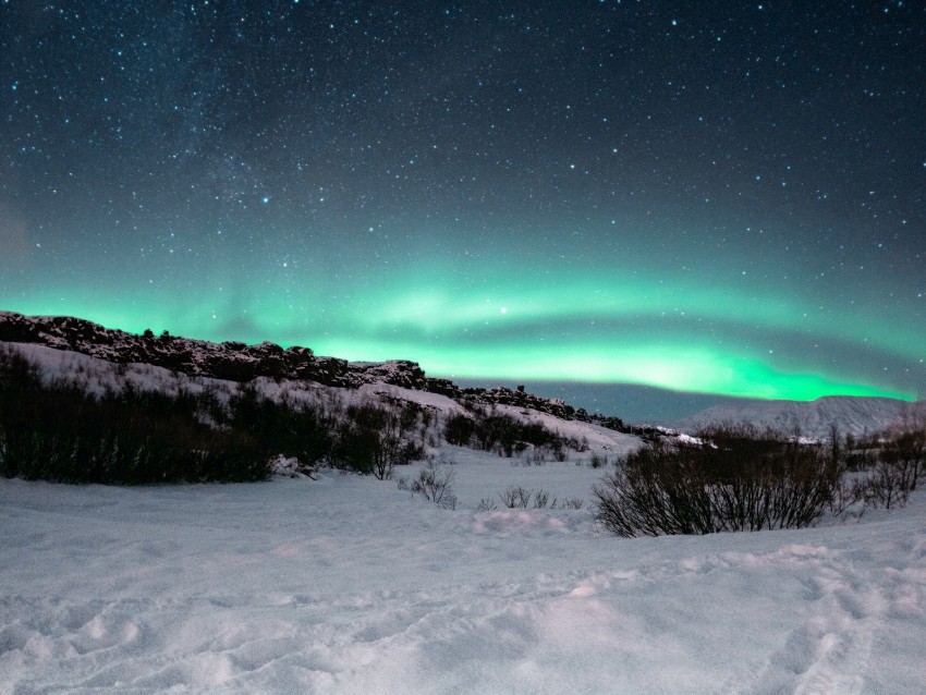 northern lights, aurora, night, starry sky, north, snow, landscape