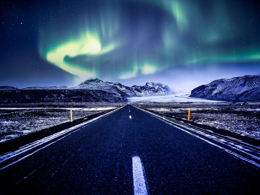 Northern Lights Aurora Road Marking Mountains Snow Background