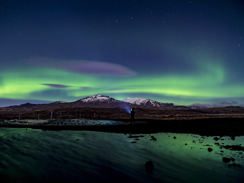 northern lights, aurora, silhouette, mountains, snow, winter, starry sky